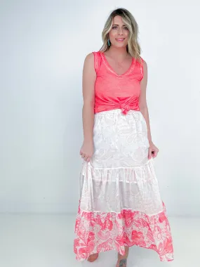 Pink Floral Print Ruffle Hem Tiered Maxi Skirt