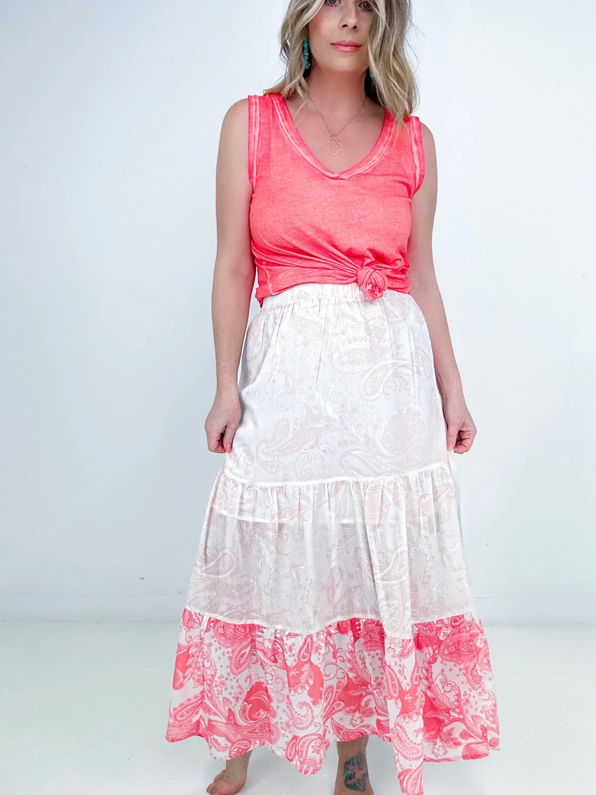 Pink Floral Print Ruffle Hem Tiered Maxi Skirt