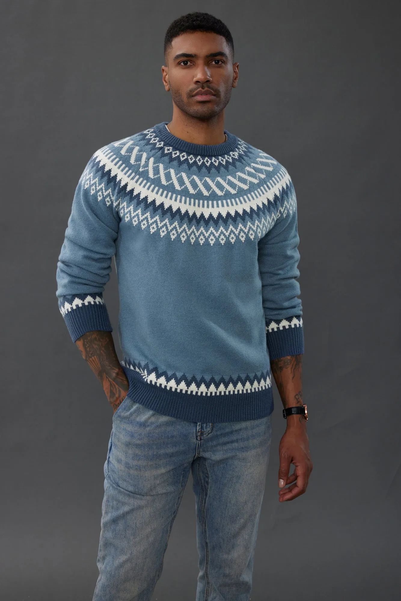 PJ Paul Jones Men's Fair Isle Crewneck Sweater Vintage Casual Pattern Knit Long Sleeve Pullover Sweater