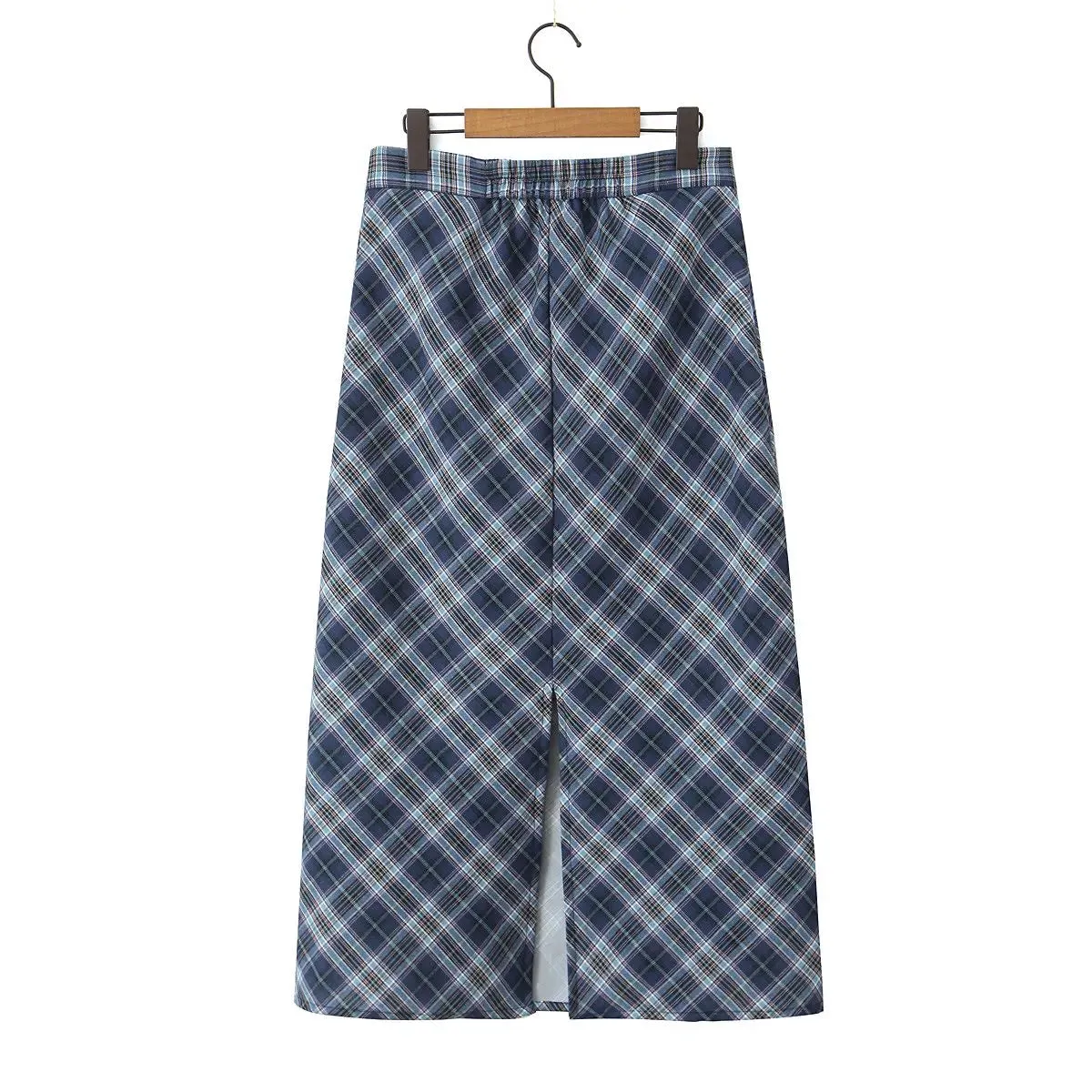 Plus Size Blue Plaid Back Slit Straight Skirt