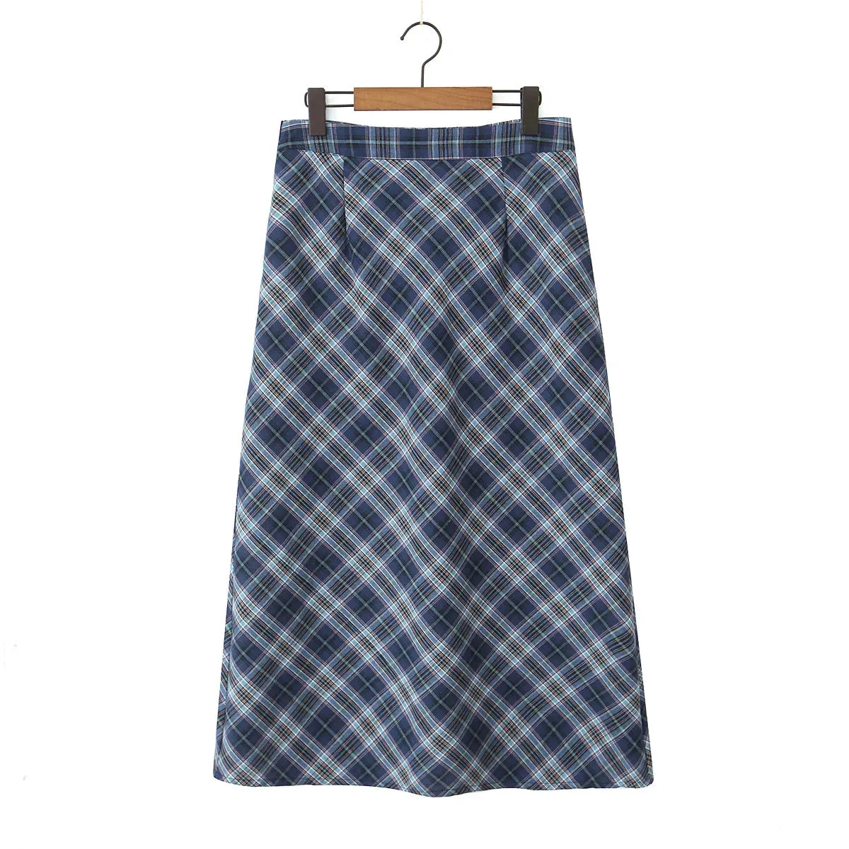 Plus Size Blue Plaid Back Slit Straight Skirt