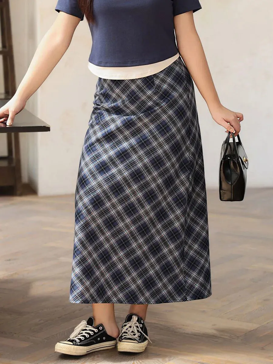 Plus Size Blue Plaid Back Slit Straight Skirt