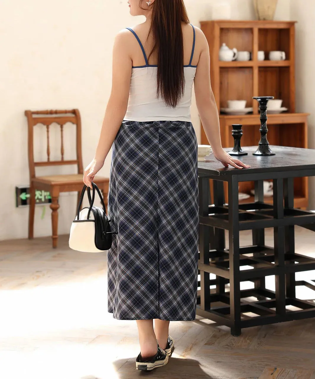 Plus Size Blue Plaid Back Slit Straight Skirt