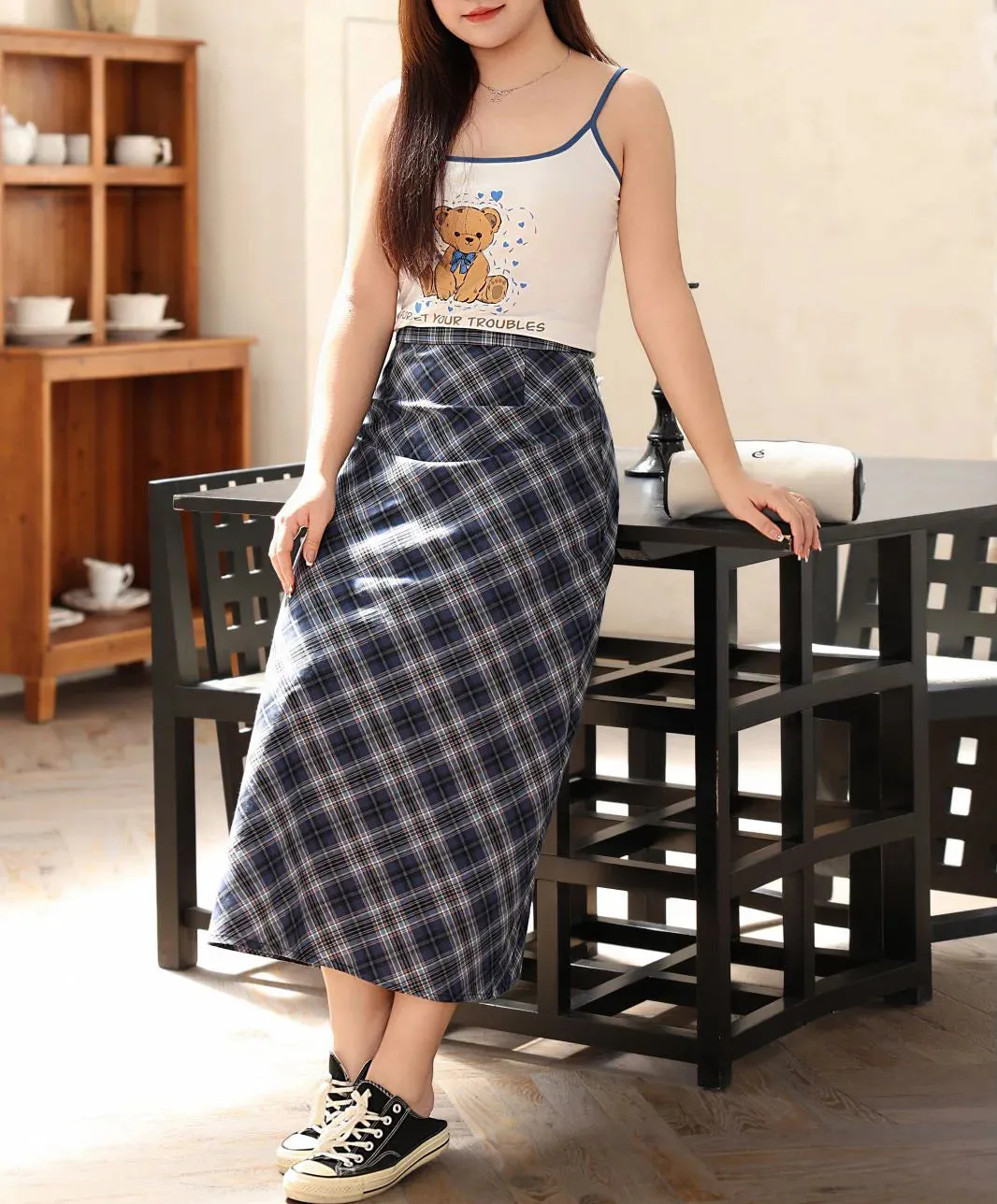 Plus Size Blue Plaid Back Slit Straight Skirt