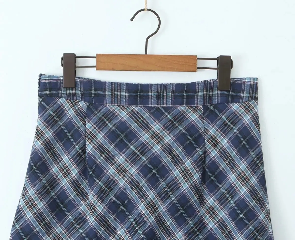 Plus Size Blue Plaid Back Slit Straight Skirt