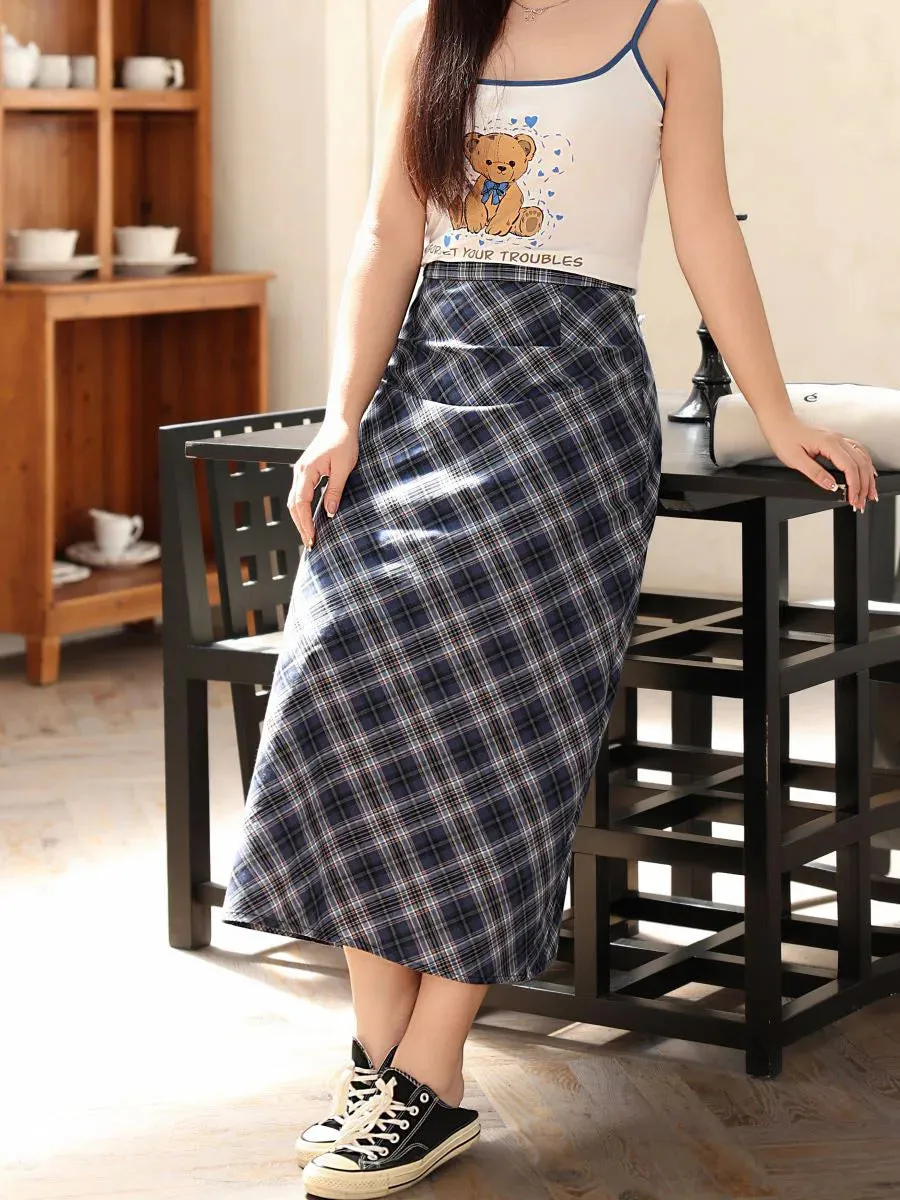 Plus Size Blue Plaid Back Slit Straight Skirt