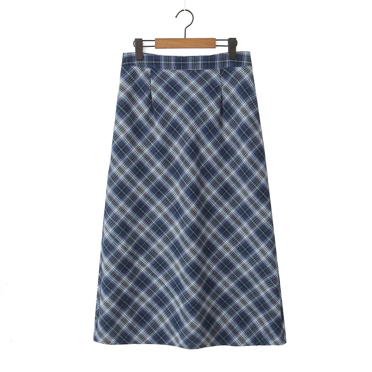 Plus Size Blue Plaid Back Slit Straight Skirt