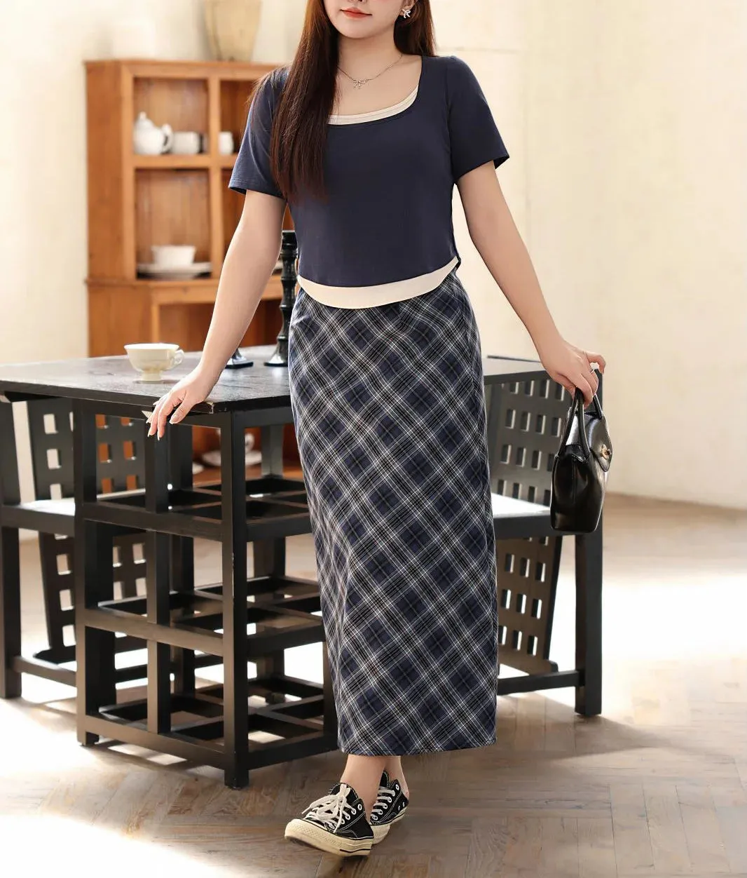 Plus Size Blue Plaid Back Slit Straight Skirt