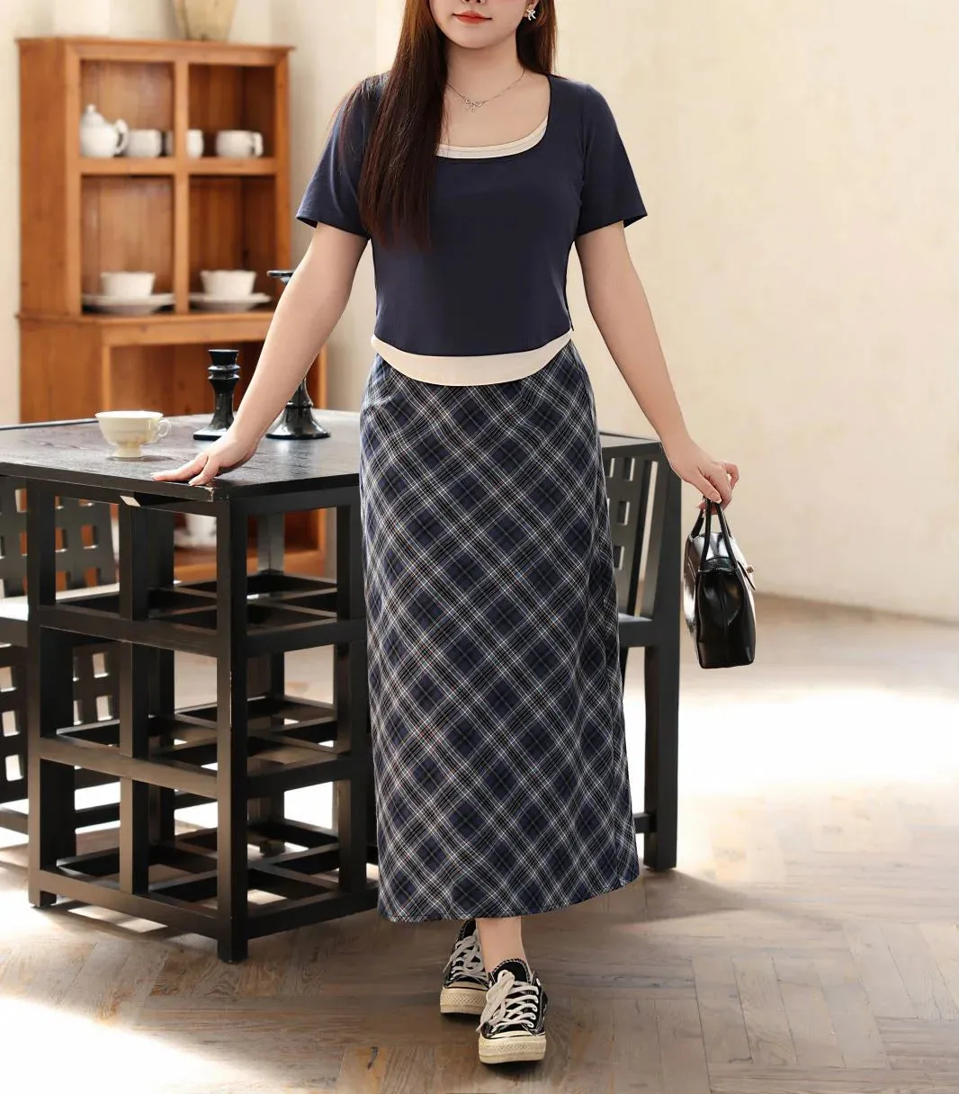 Plus Size Blue Plaid Back Slit Straight Skirt