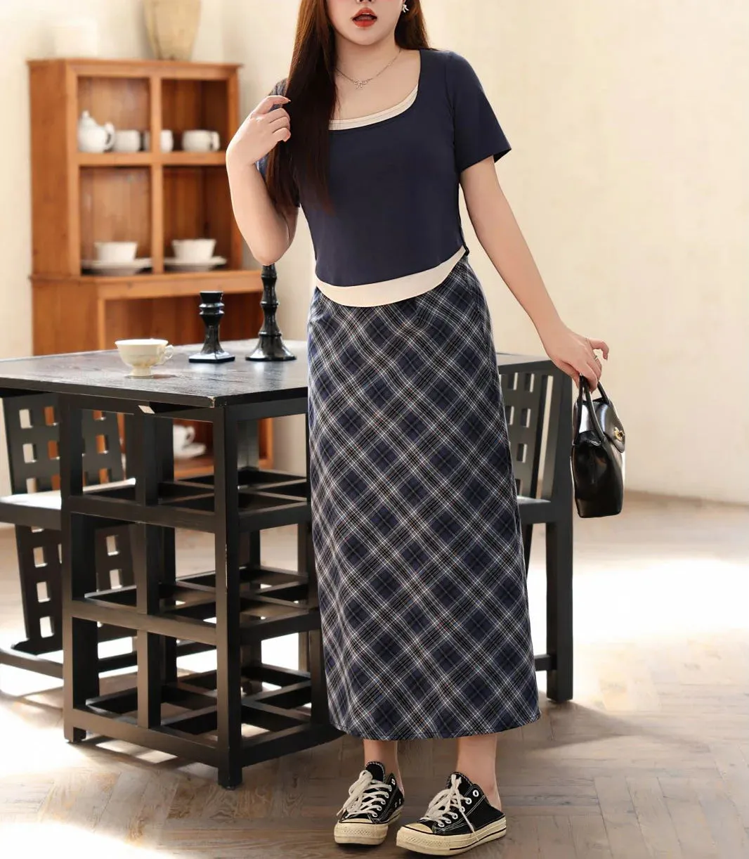 Plus Size Blue Plaid Back Slit Straight Skirt