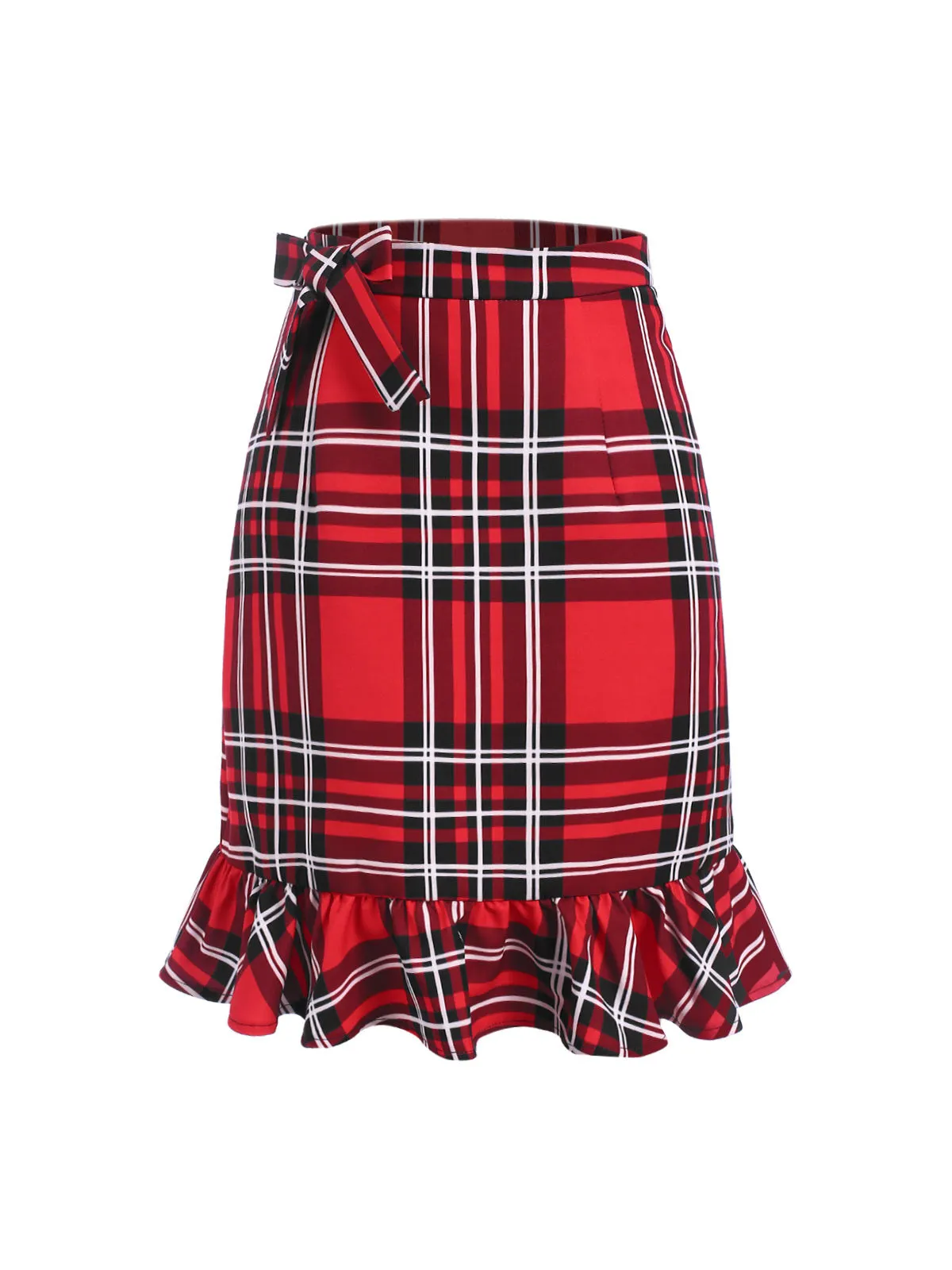 [Pre-Sale] Red 1970s Tartan Plaids Bow Ruffles Skirt