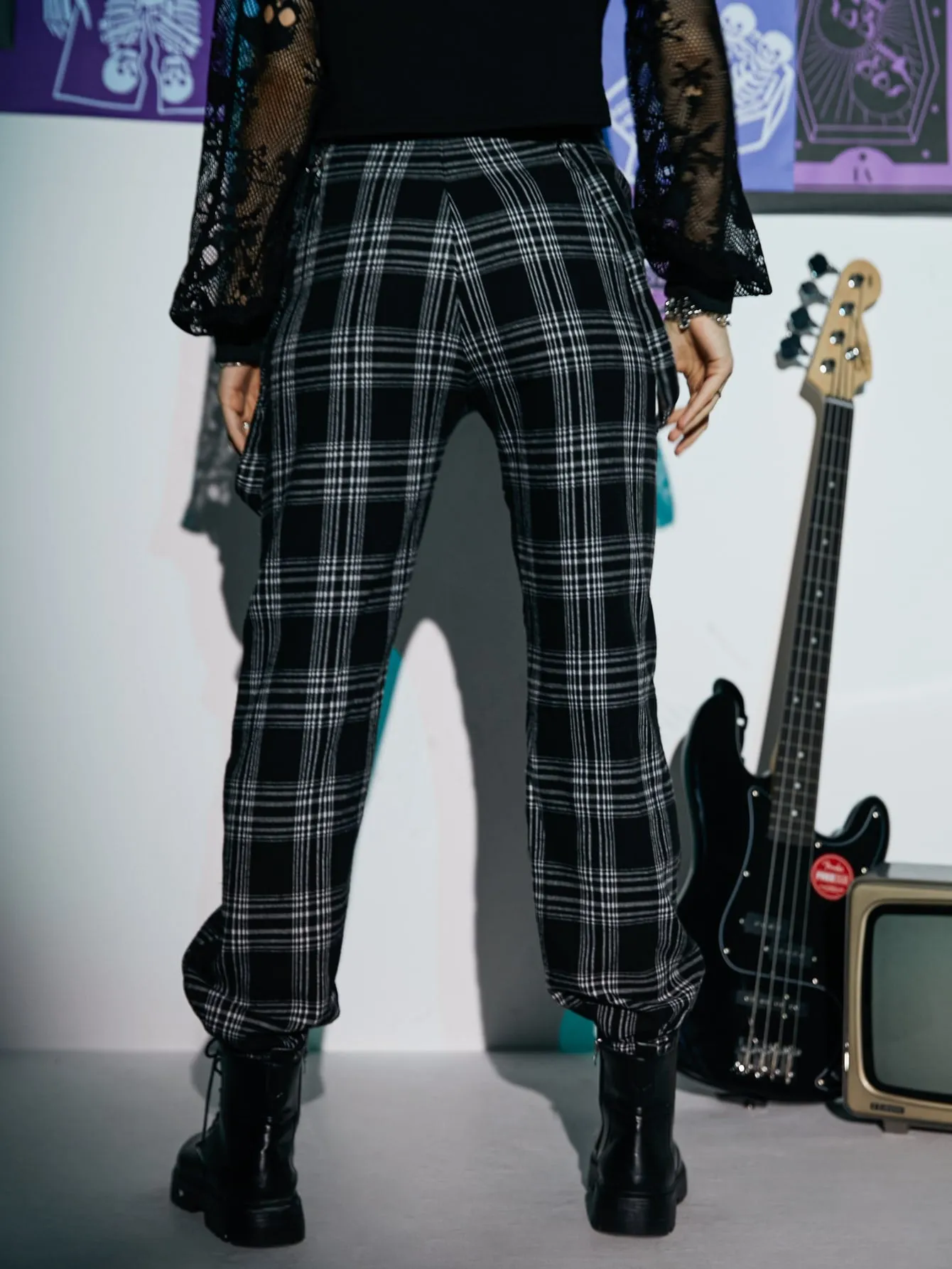 Preppy Plaid Tape Natural Long Women Pants