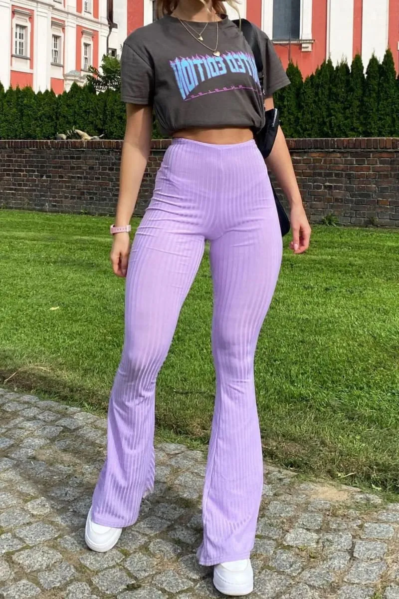 Purple High Waisted Ribbed Flare Pants