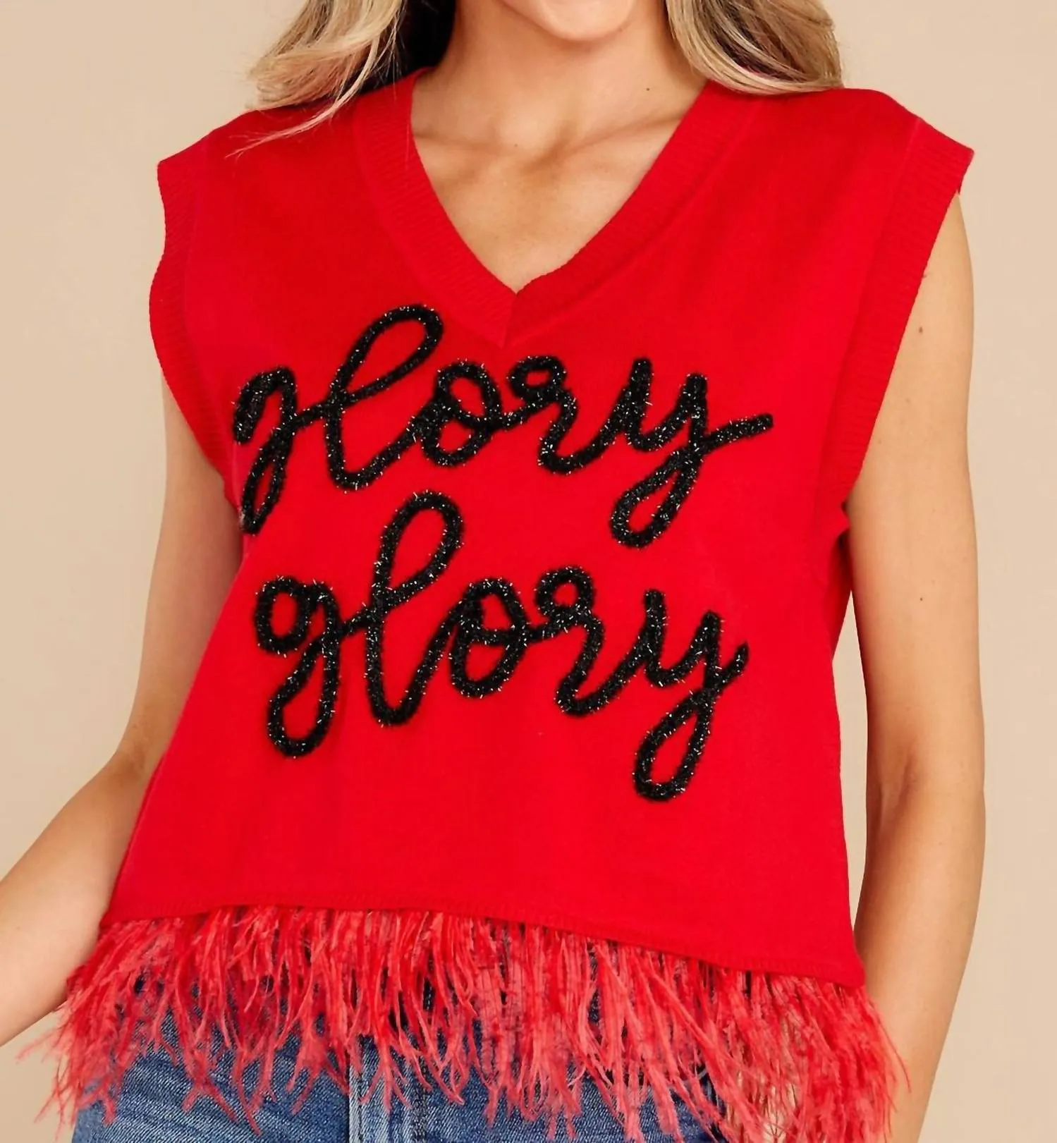 "glory Glory" Feather Sweater Tank In Red