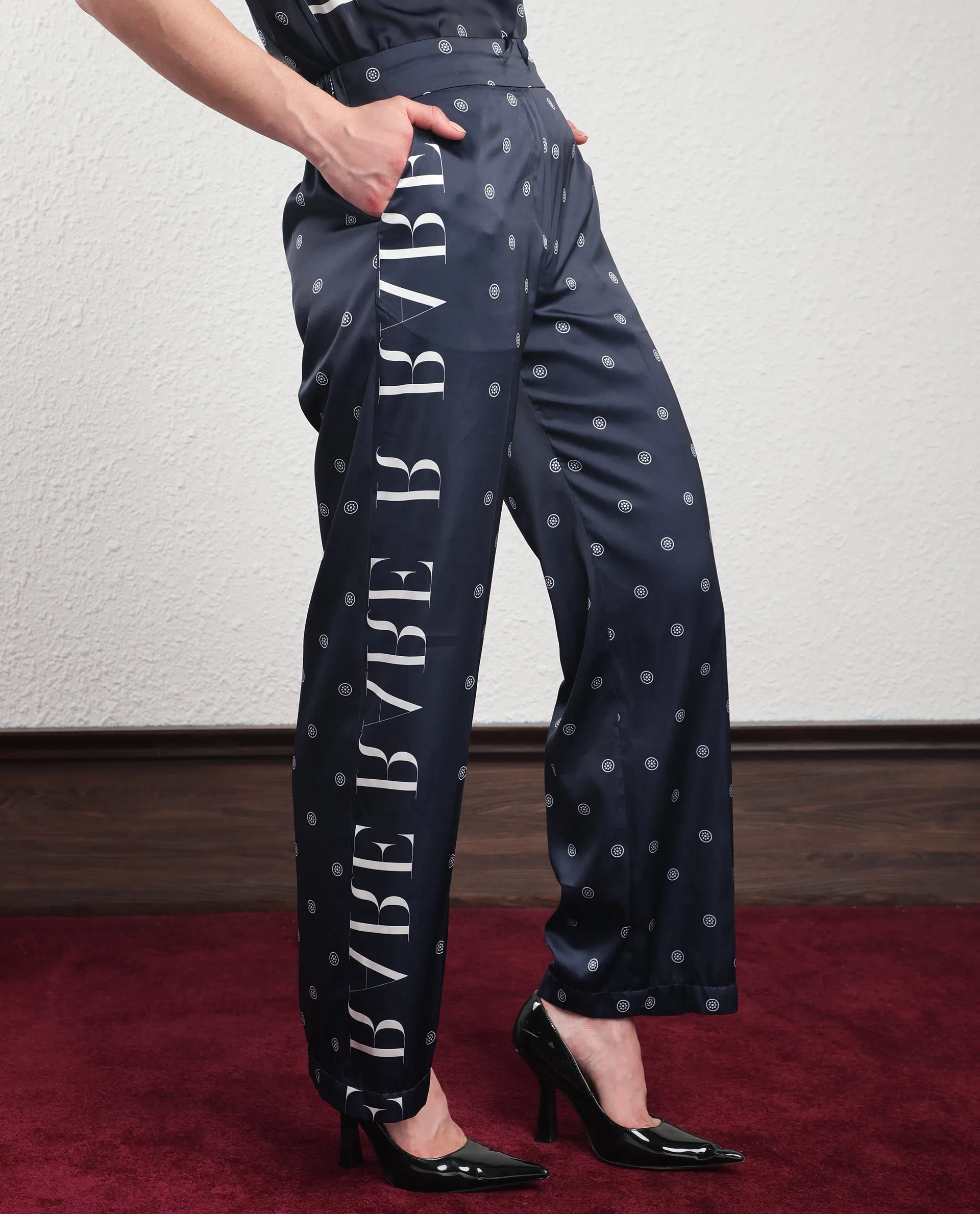 Rareism Women Adelie Navy Polyester Fabric Drawstring Closure Tailored Fit Polka Ankle Length Trousers