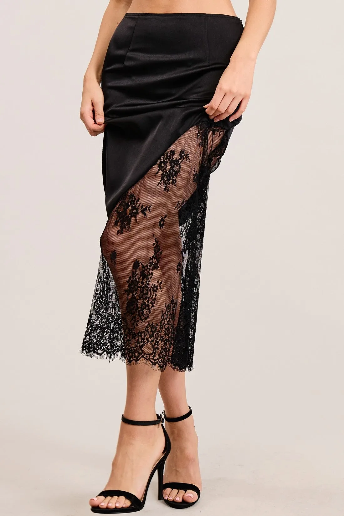 Satin Lace Midi Skirt