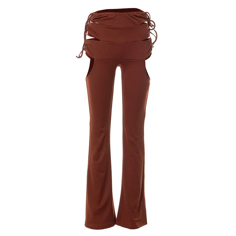 Side Hollow Out Lace Up High Waisted Flare White Brown Bottoms Trousers Fall Trendy Pants