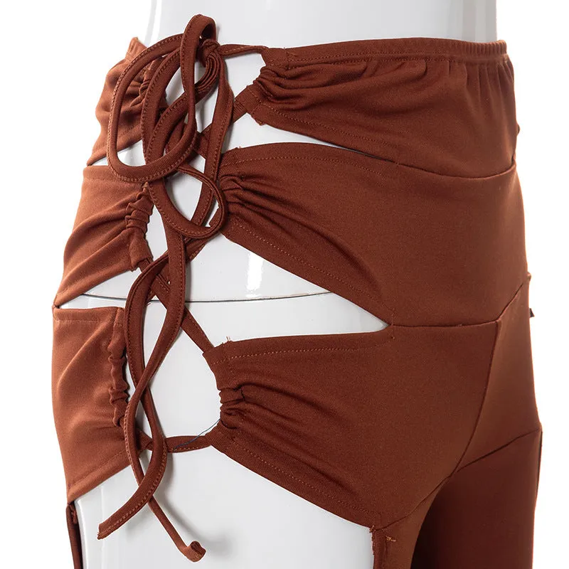 Side Hollow Out Lace Up High Waisted Flare White Brown Bottoms Trousers Fall Trendy Pants