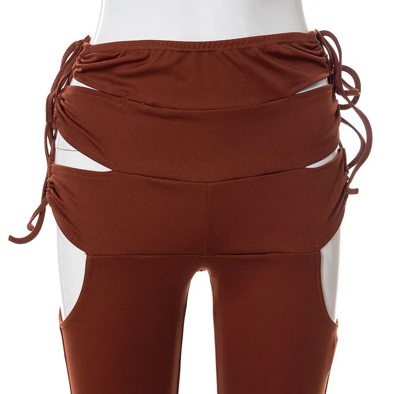 Side Hollow Out Lace Up High Waisted Flare White Brown Bottoms Trousers Fall Trendy Pants