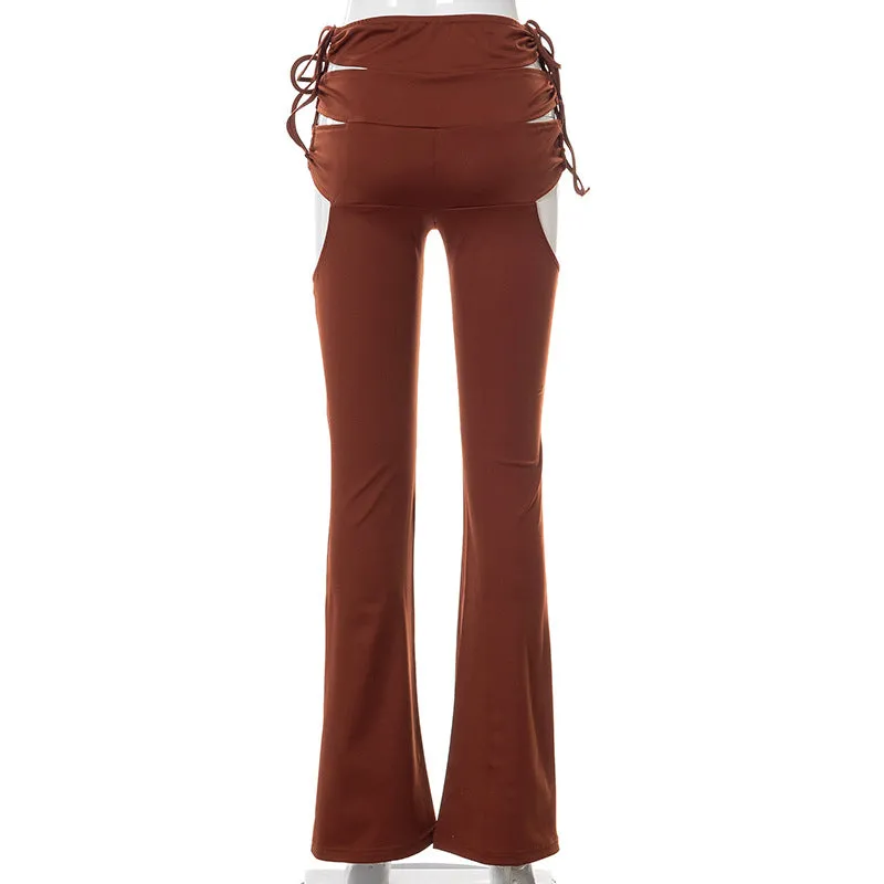 Side Hollow Out Lace Up High Waisted Flare White Brown Bottoms Trousers Fall Trendy Pants