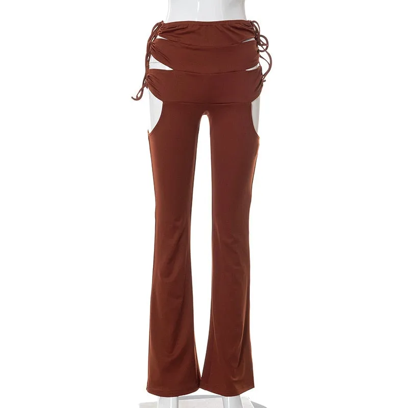 Side Hollow Out Lace Up High Waisted Flare White Brown Bottoms Trousers Fall Trendy Pants