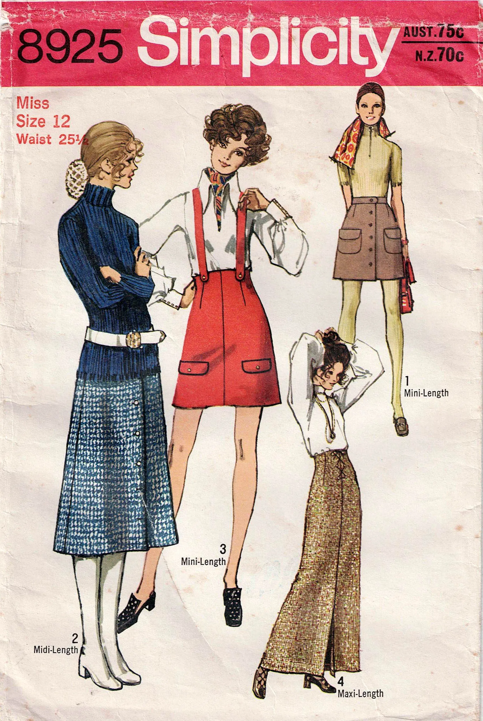 Simplicity 8925 Womens Maxi Midi High Waisted Suspender Skirts 1970s Vintage Sewing Pattern Size 12 Bust 34 Inches