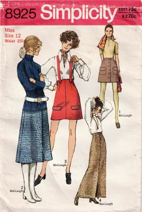 Simplicity 8925 Womens Maxi Midi High Waisted Suspender Skirts 1970s Vintage Sewing Pattern Size 12 Bust 34 Inches