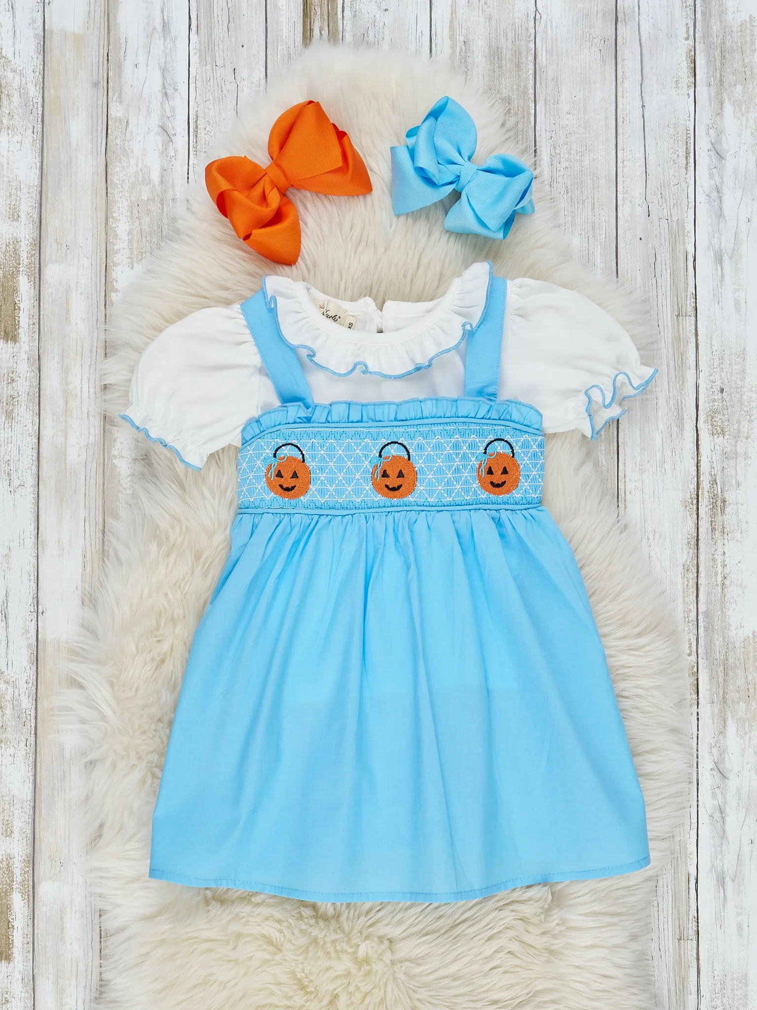 Smocked Pumpkin Pail Ruffle Overall Dress Set