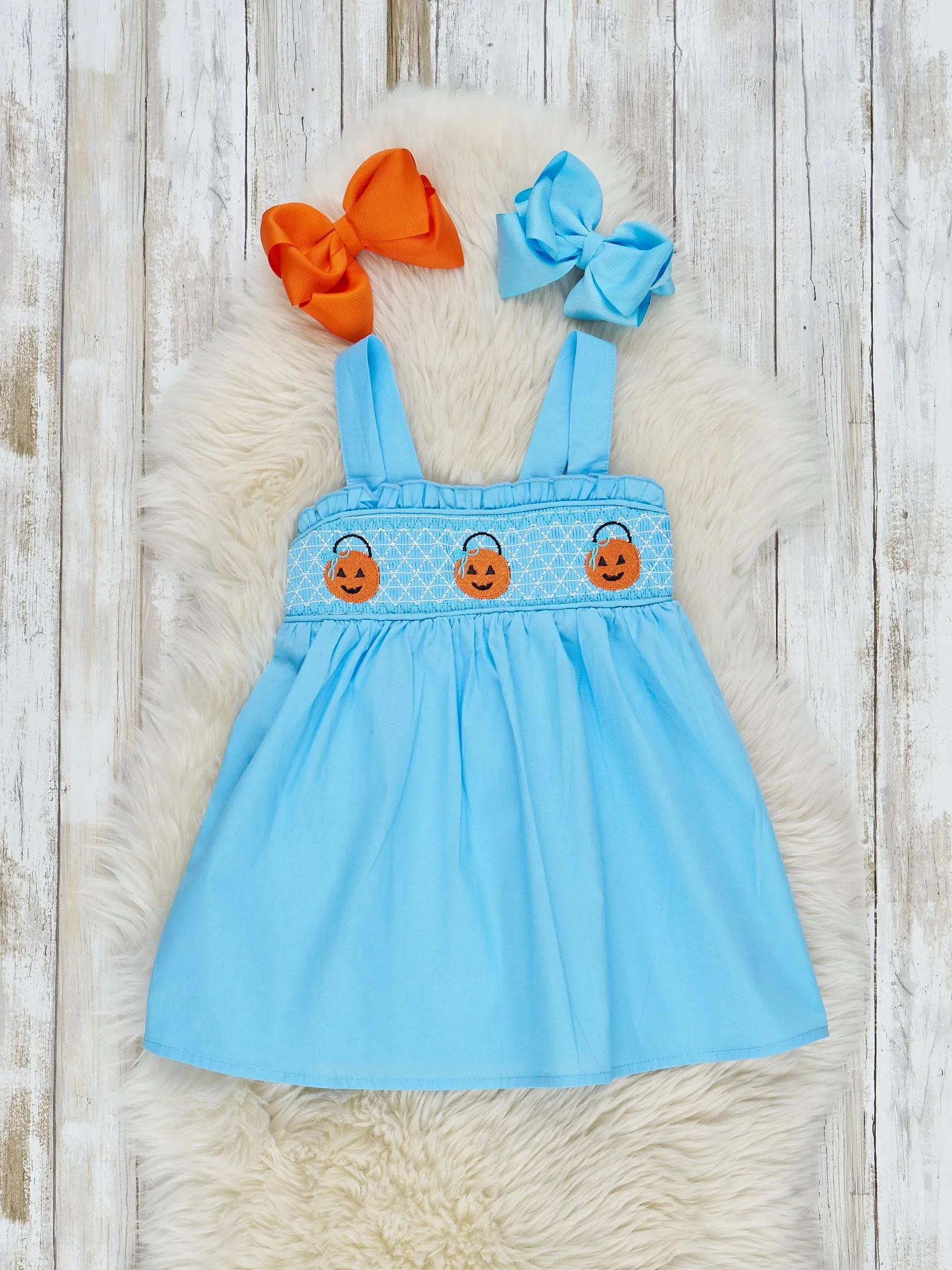 Smocked Pumpkin Pail Ruffle Overall Dress Set