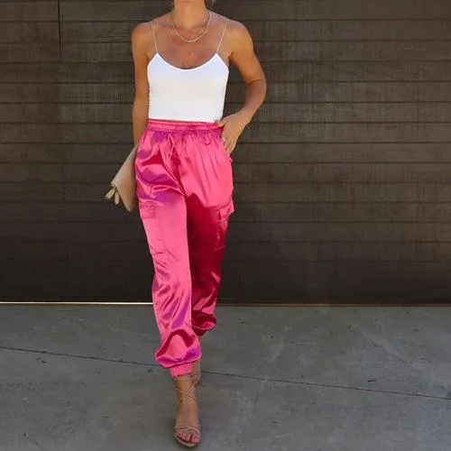 Solid Color Glossy Pocket Elastic Waist Pants