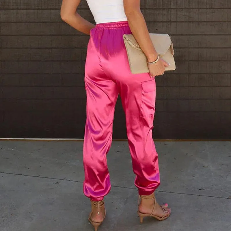 Solid Color Glossy Pocket Elastic Waist Pants