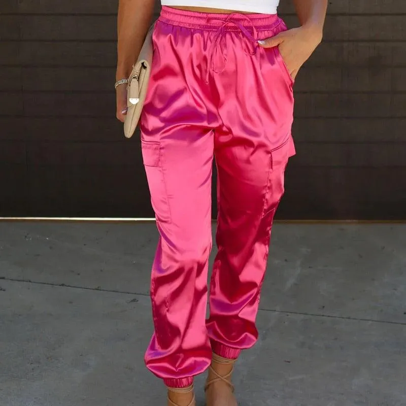 Solid Color Glossy Pocket Elastic Waist Pants