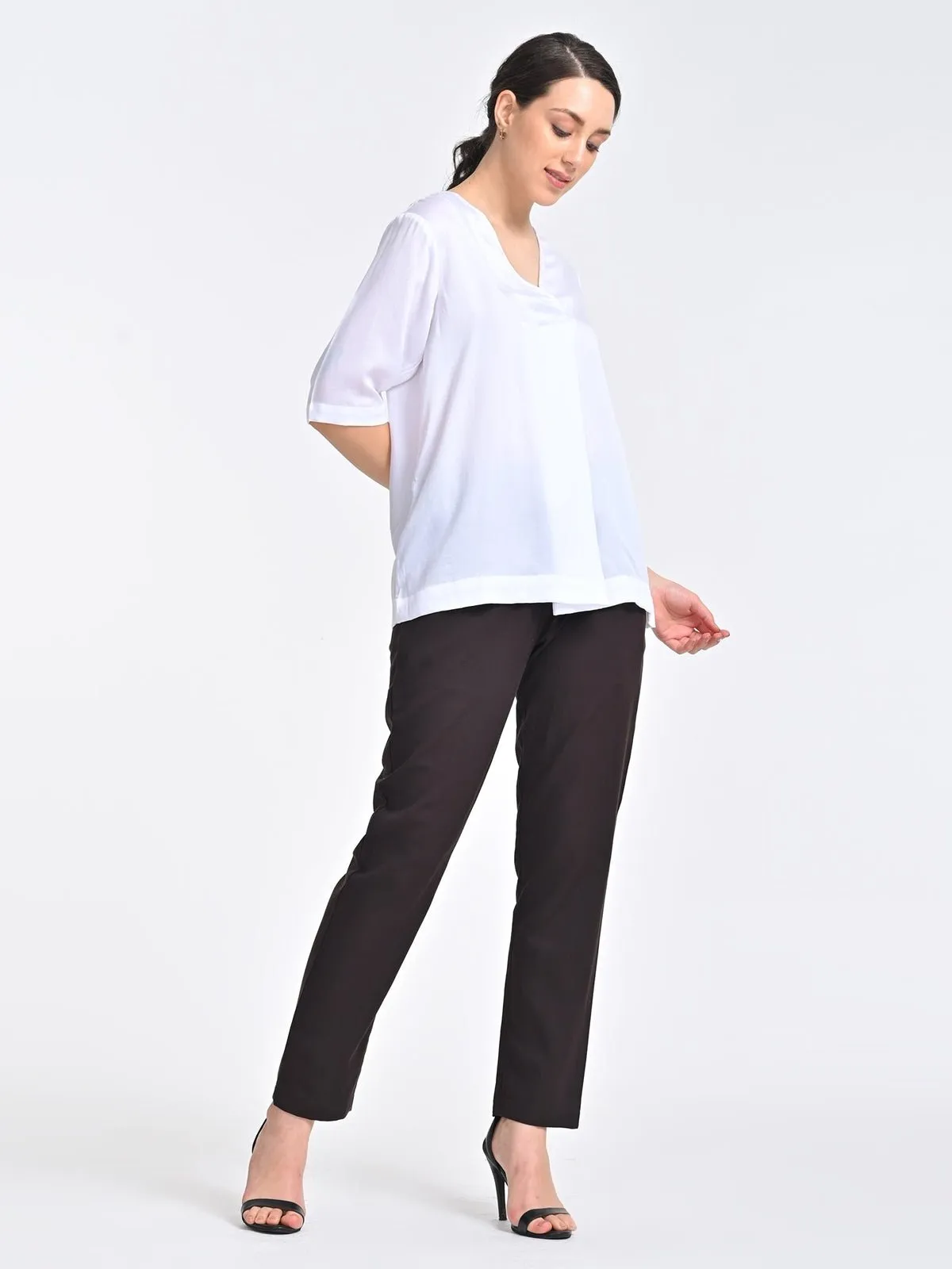 Solid Cream Front Pleat Top with Brown Trousers Coords Set