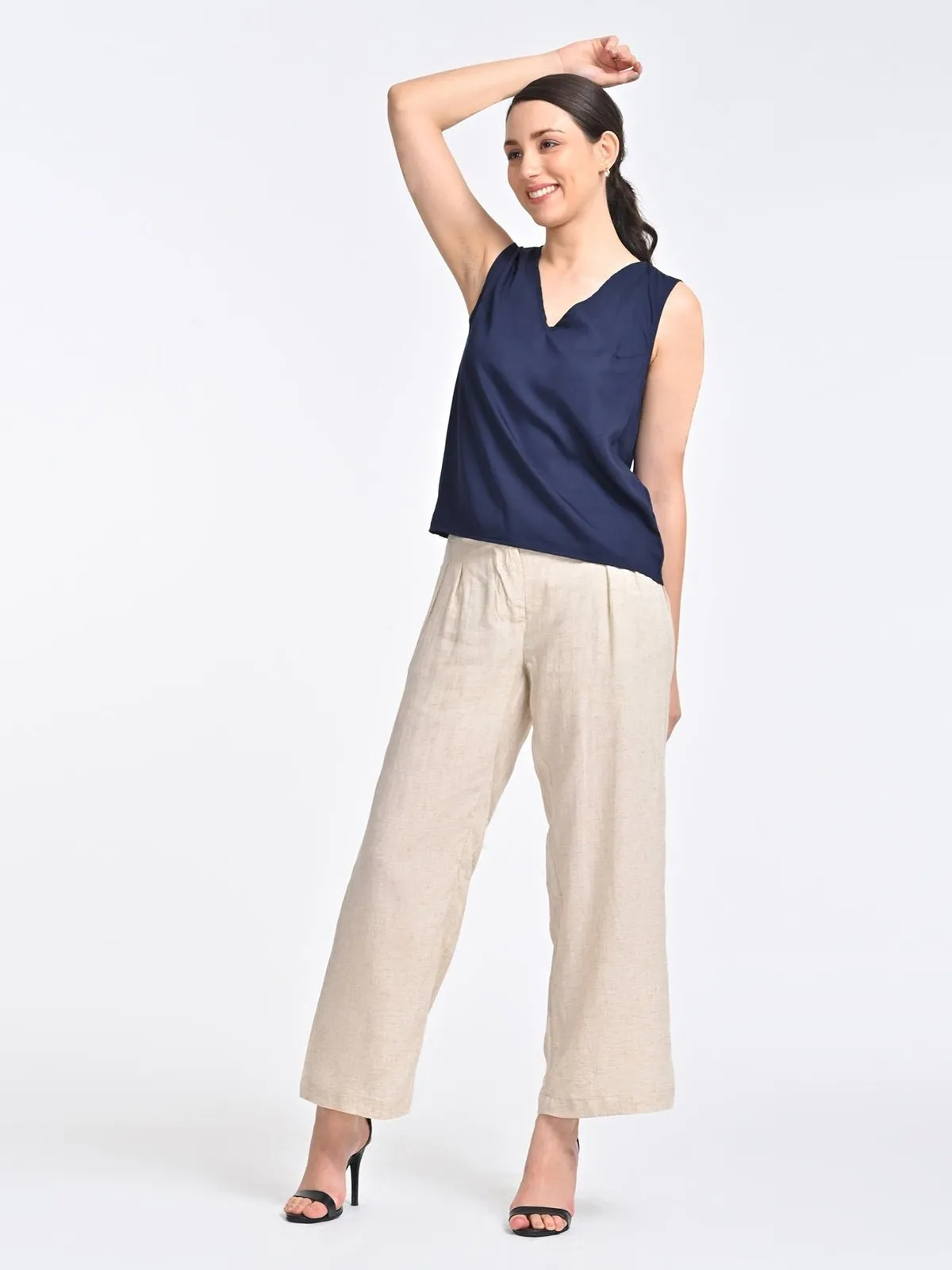 Solid Indigo V Neck Top with Beige Trousers Coords Set