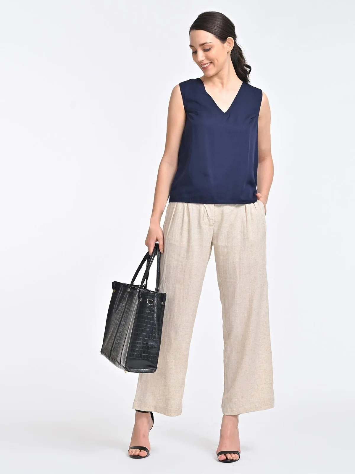 Solid Indigo V Neck Top with Beige Trousers Coords Set