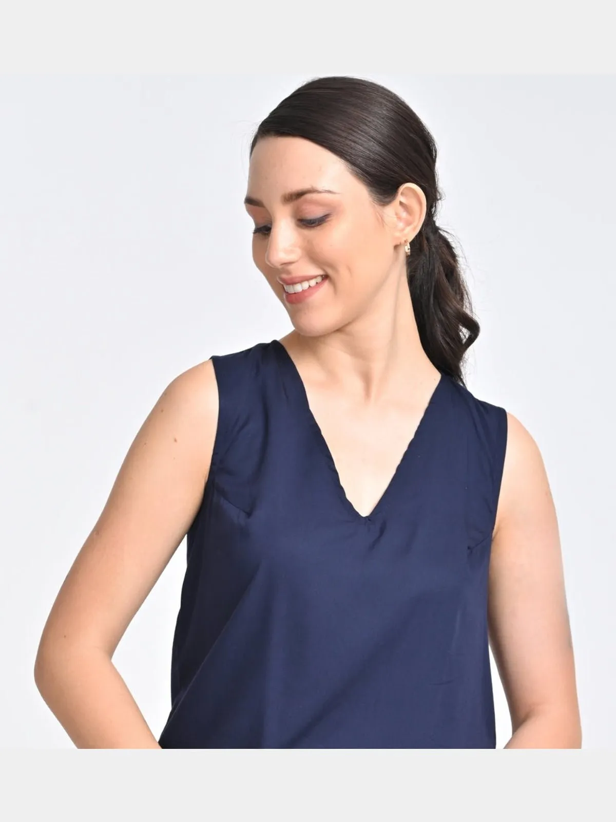 Solid Indigo V Neck Top with Beige Trousers Coords Set