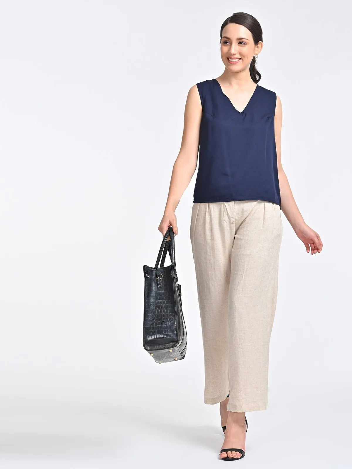 Solid Indigo V Neck Top with Beige Trousers Coords Set