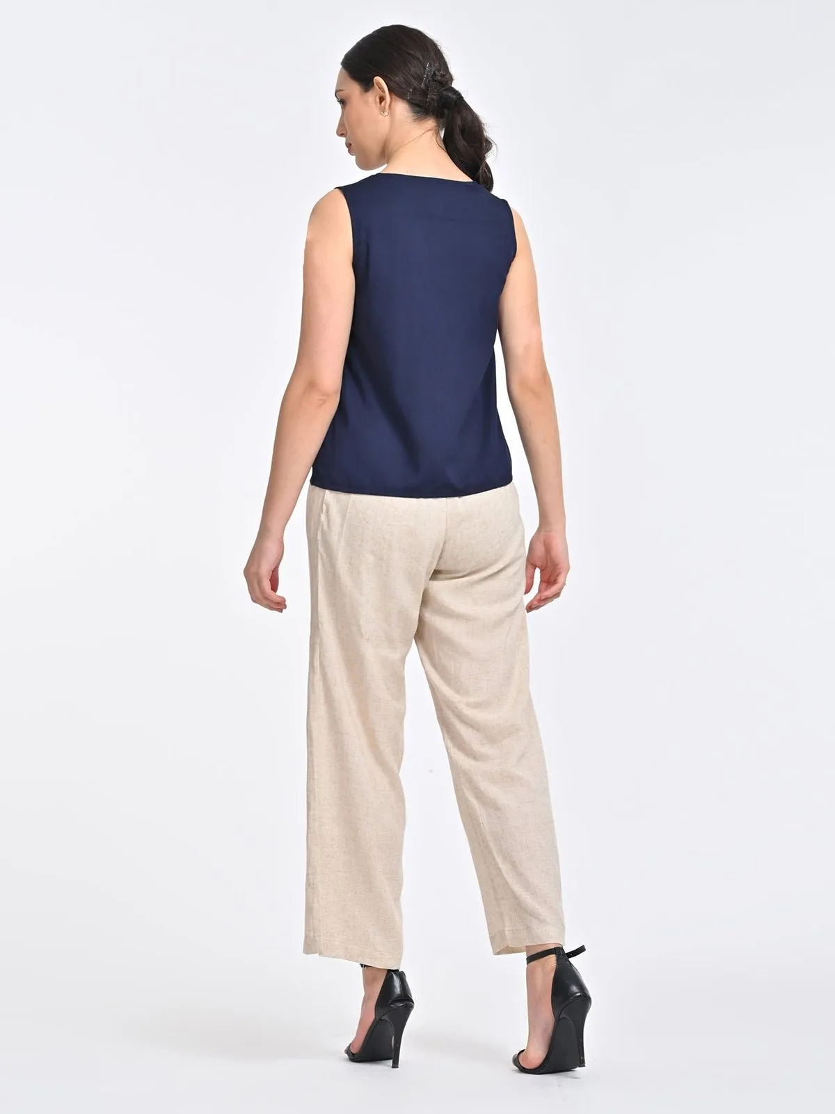 Solid Indigo V Neck Top with Beige Trousers Coords Set