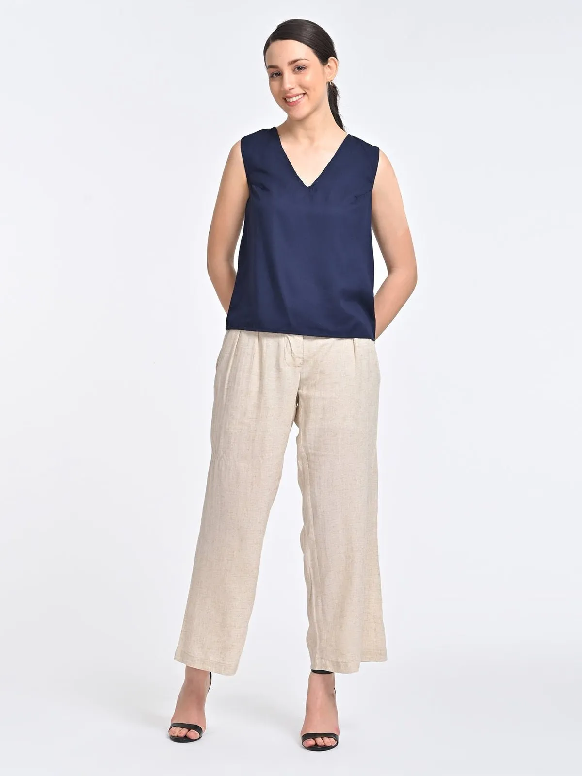 Solid Indigo V Neck Top with Beige Trousers Coords Set