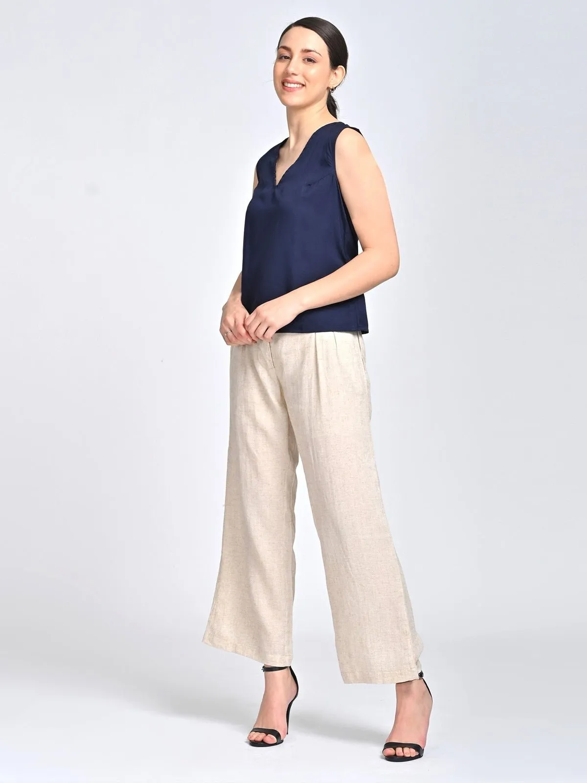 Solid Indigo V Neck Top with Beige Trousers Coords Set