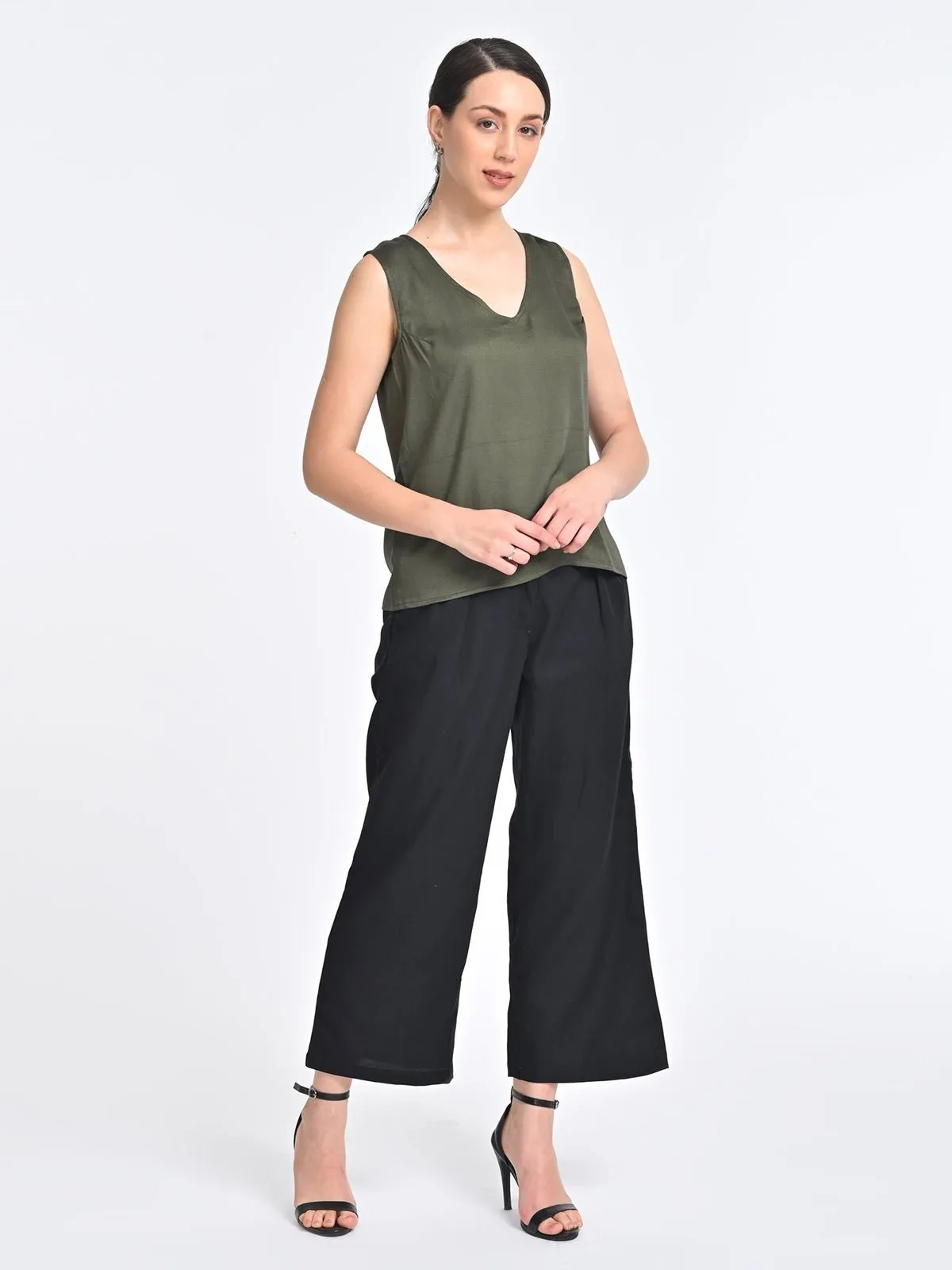 Solid Olive V Neck Top with Black Trousers Coords Set