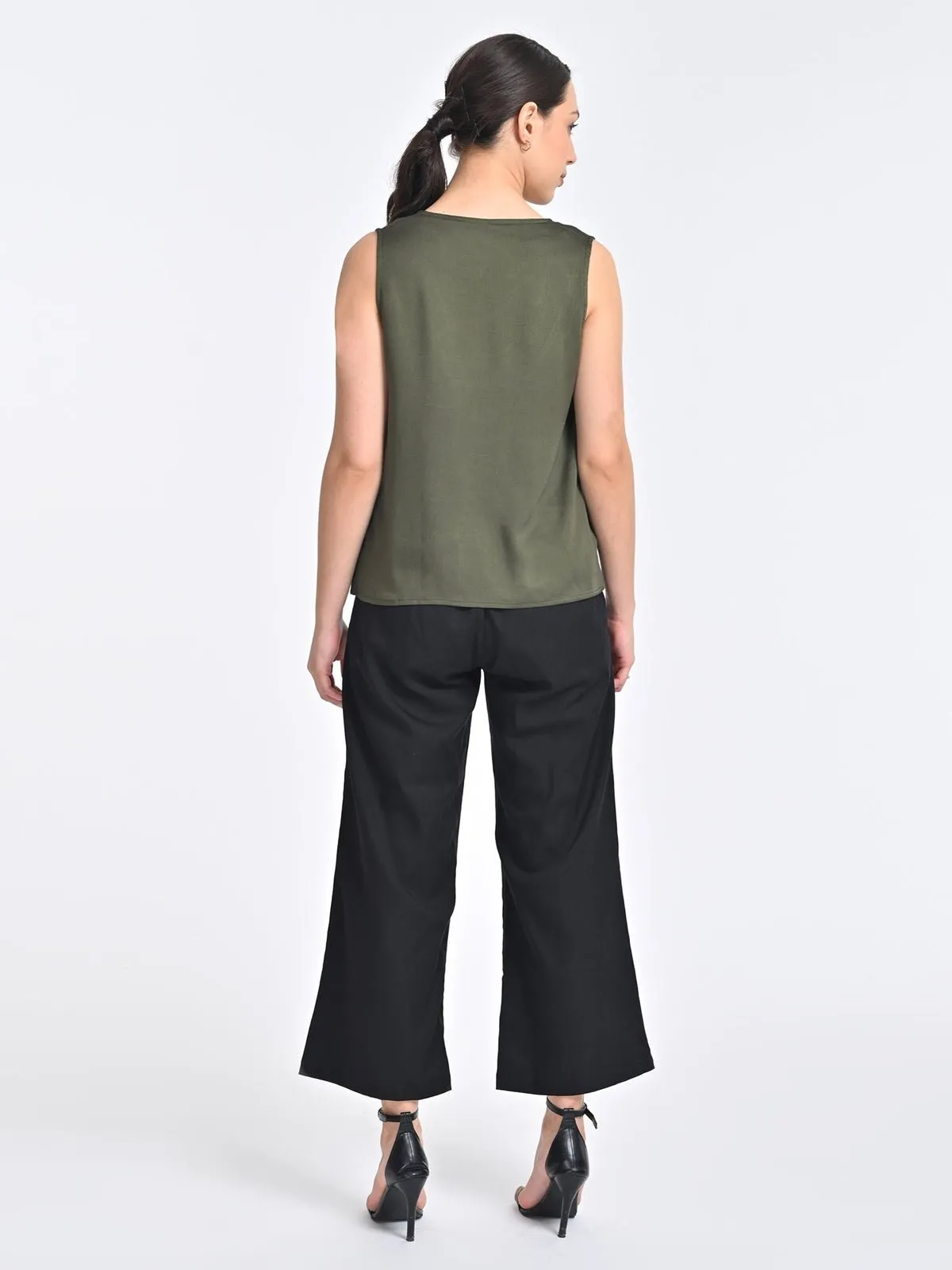 Solid Olive V Neck Top with Black Trousers Coords Set