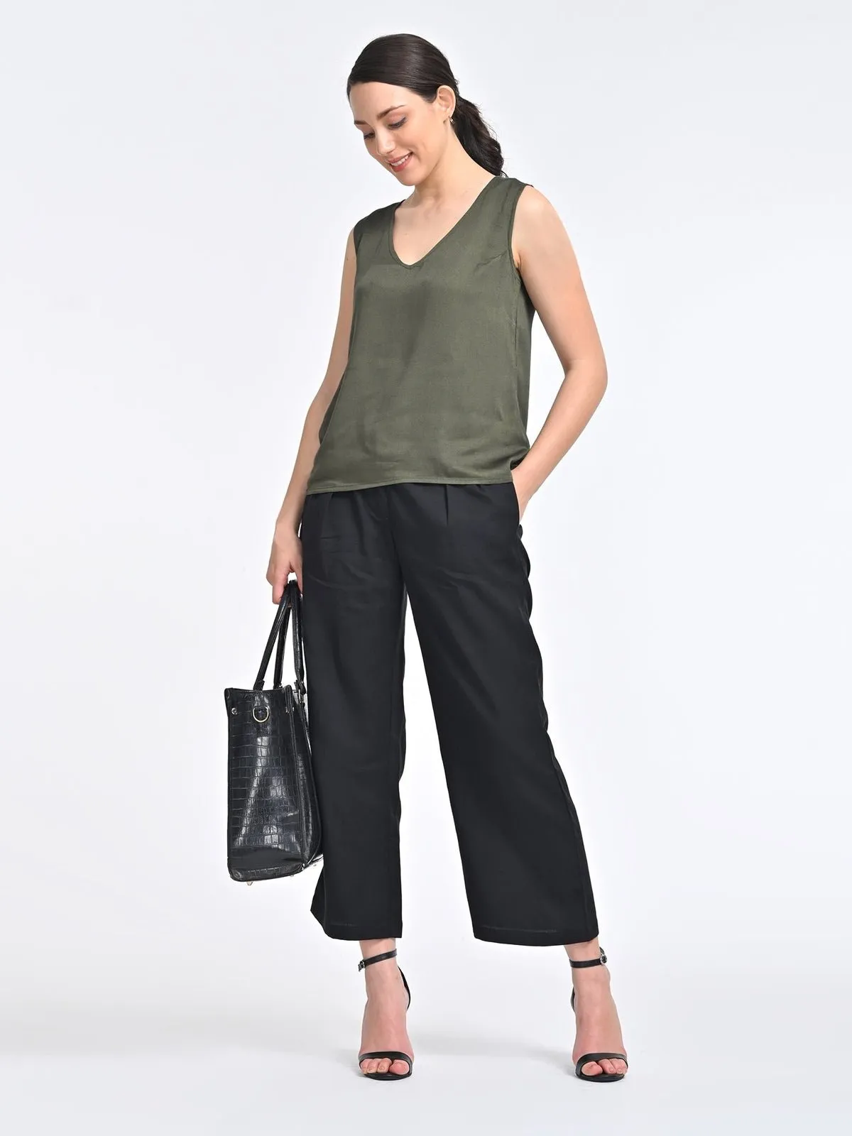 Solid Olive V Neck Top with Black Trousers Coords Set