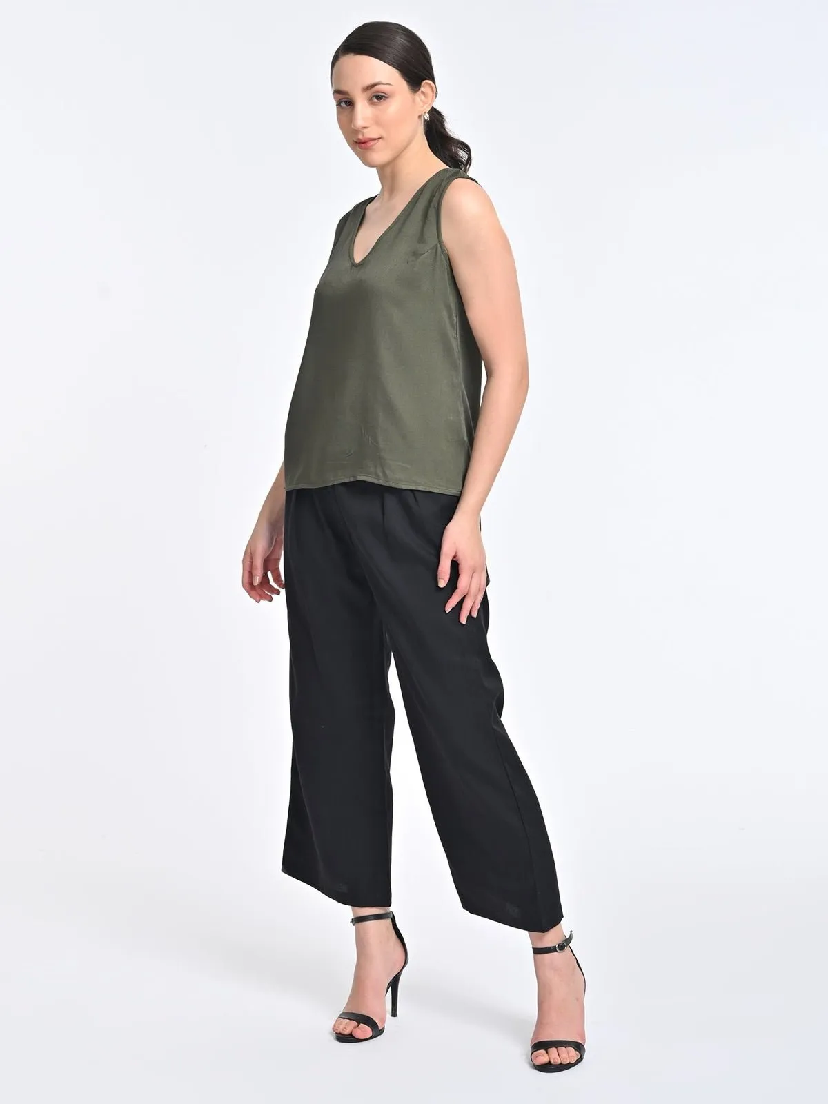 Solid Olive V Neck Top with Black Trousers Coords Set