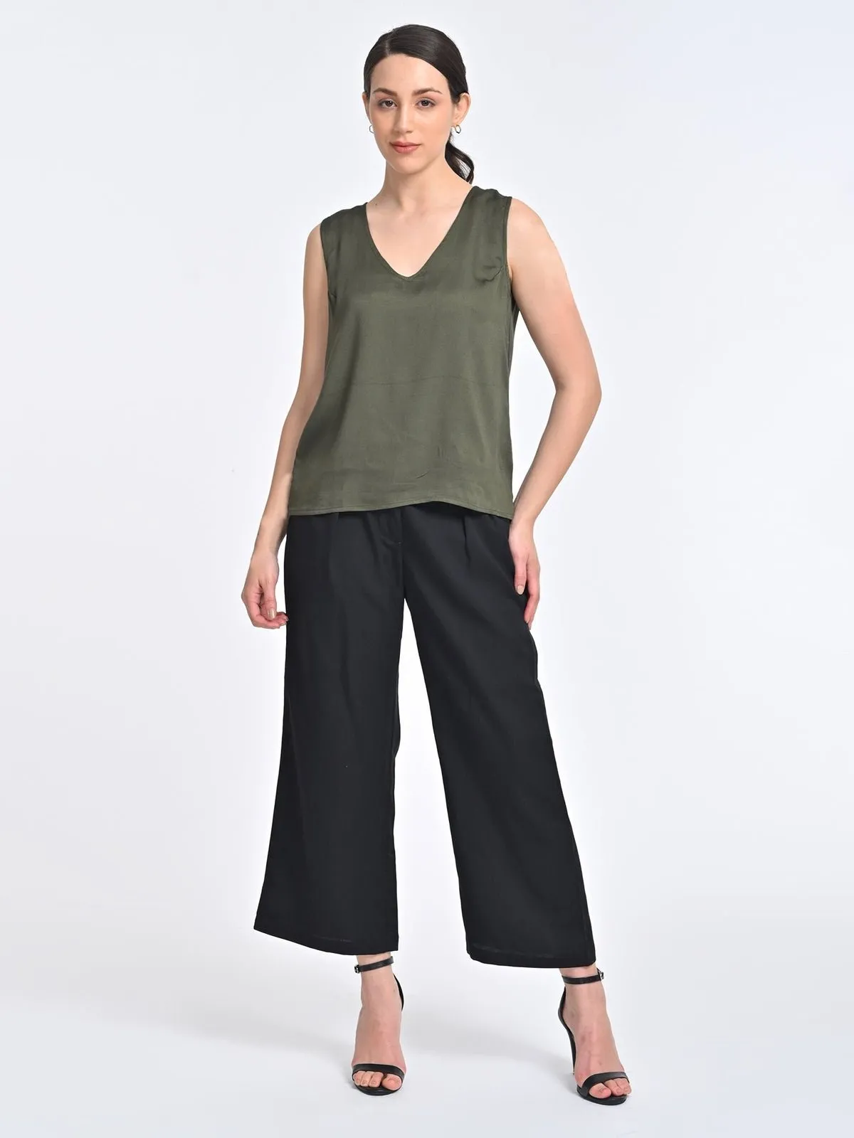 Solid Olive V Neck Top with Black Trousers Coords Set