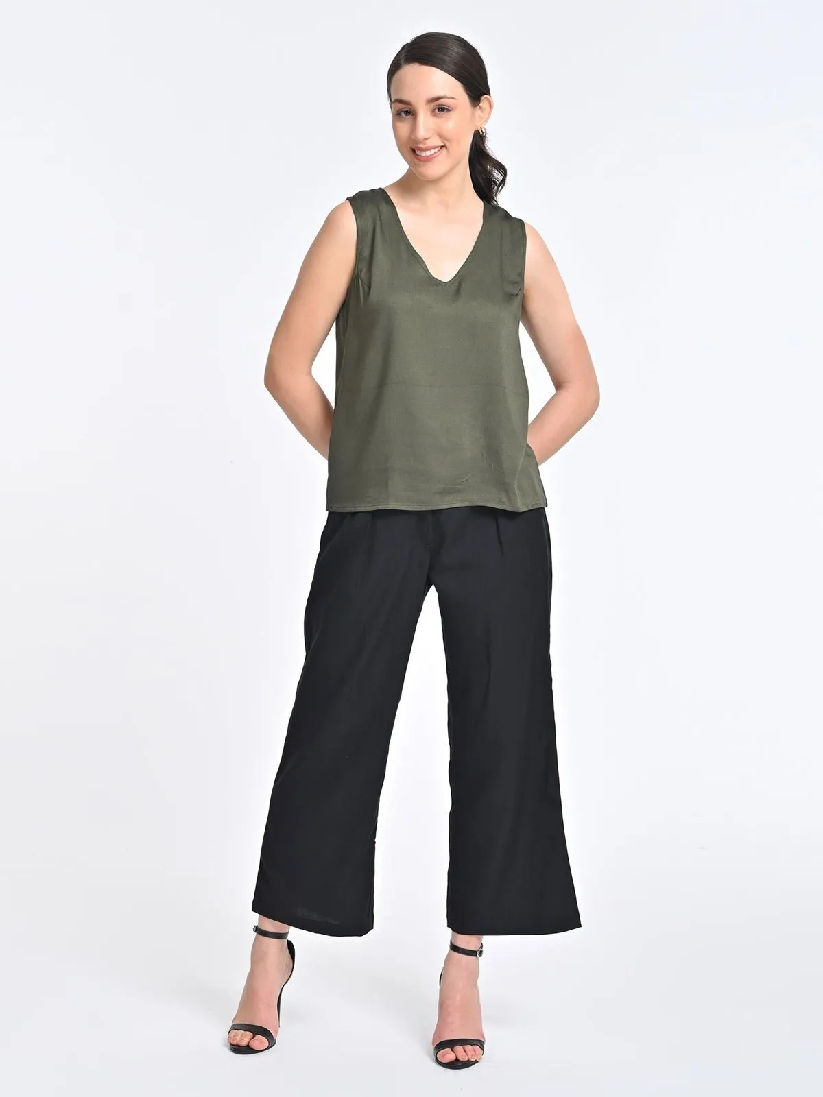 Solid Olive V Neck Top with Black Trousers Coords Set