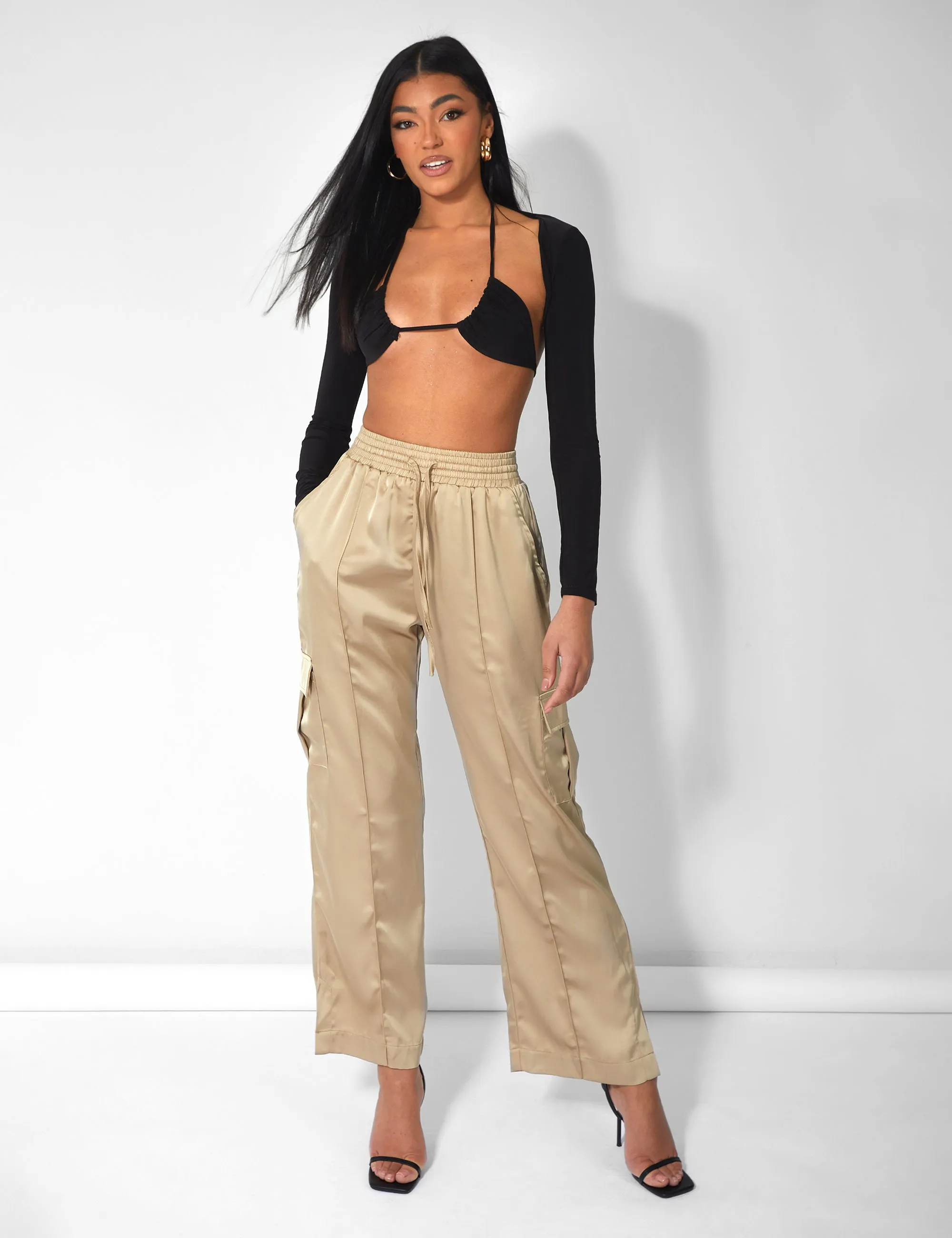 Split Hem Satin Elasticated Waist Wide Leg Cargo Trousers Champagne