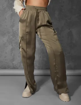 Split Hem Satin Elasticated Waist Wide Leg Cargo Trousers Khaki