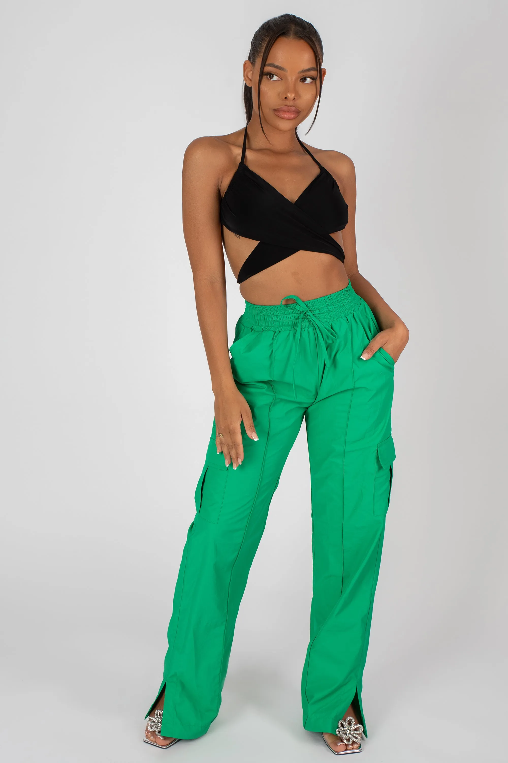 Split Hem Wide Leg Cargo Pocket Trouser Green