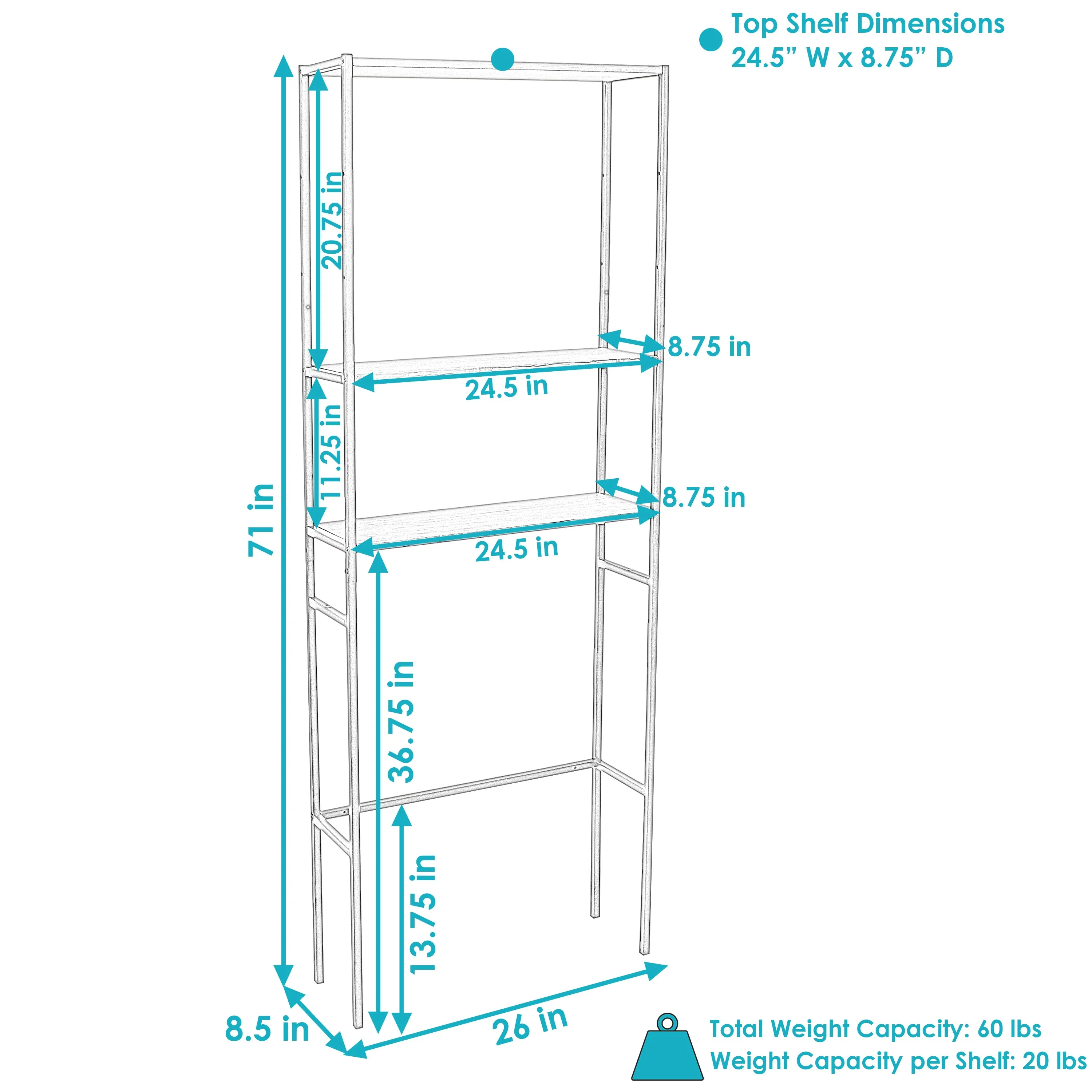 Sunnydaze 3-Tier Black Over-the-Toilet Storage Shelf - 71"